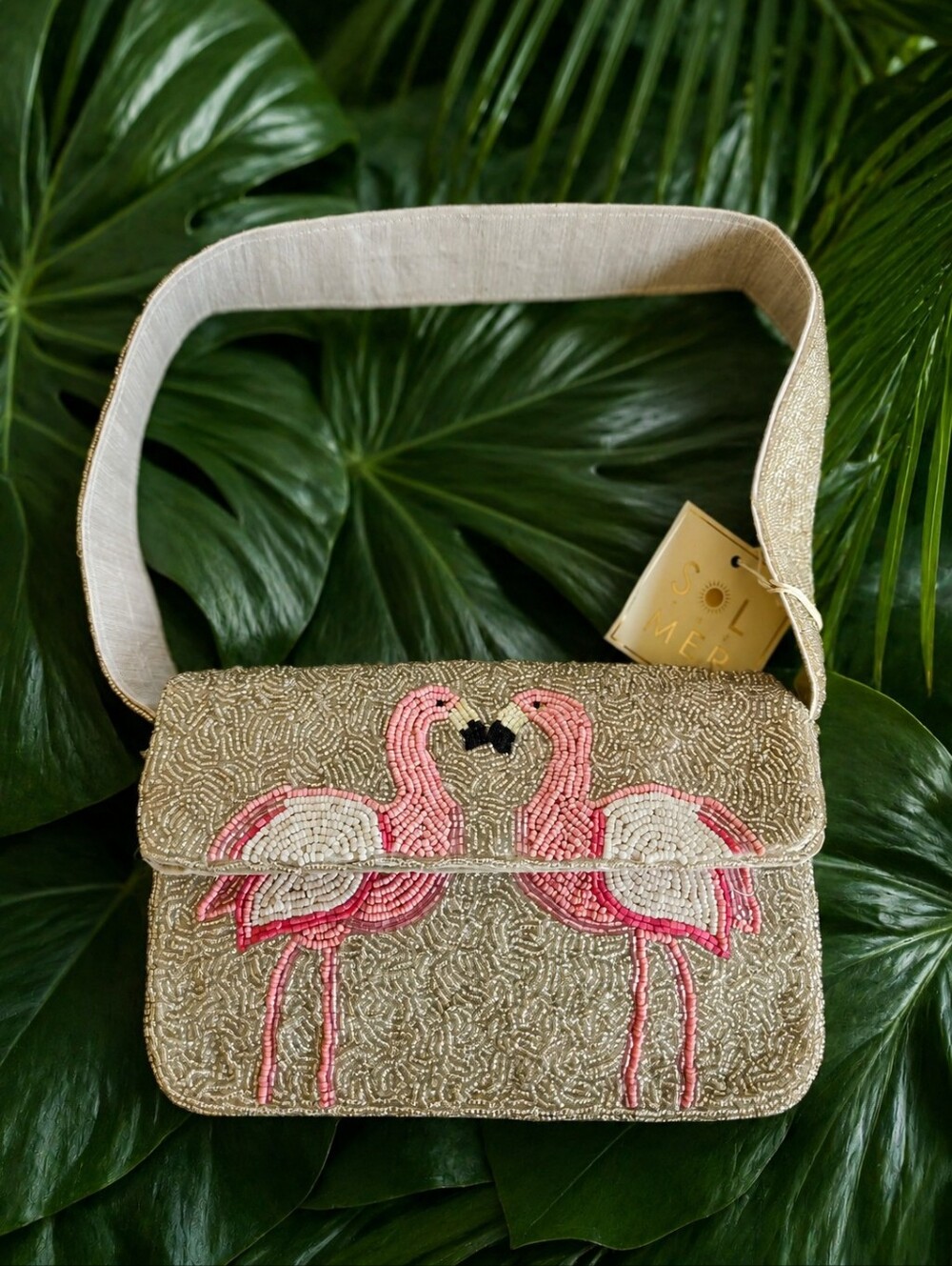 Sok And Mer NWT Beaded Flamingo Viral Bag in Silver, Pink, and Cream